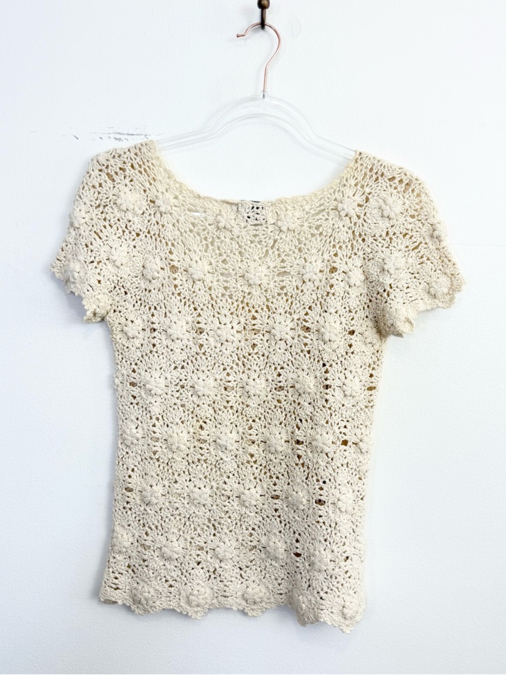 Vintage Hand Crochet Cotton Floral Top Cream Boho Cottagecore Size M - Picture 4 of 5